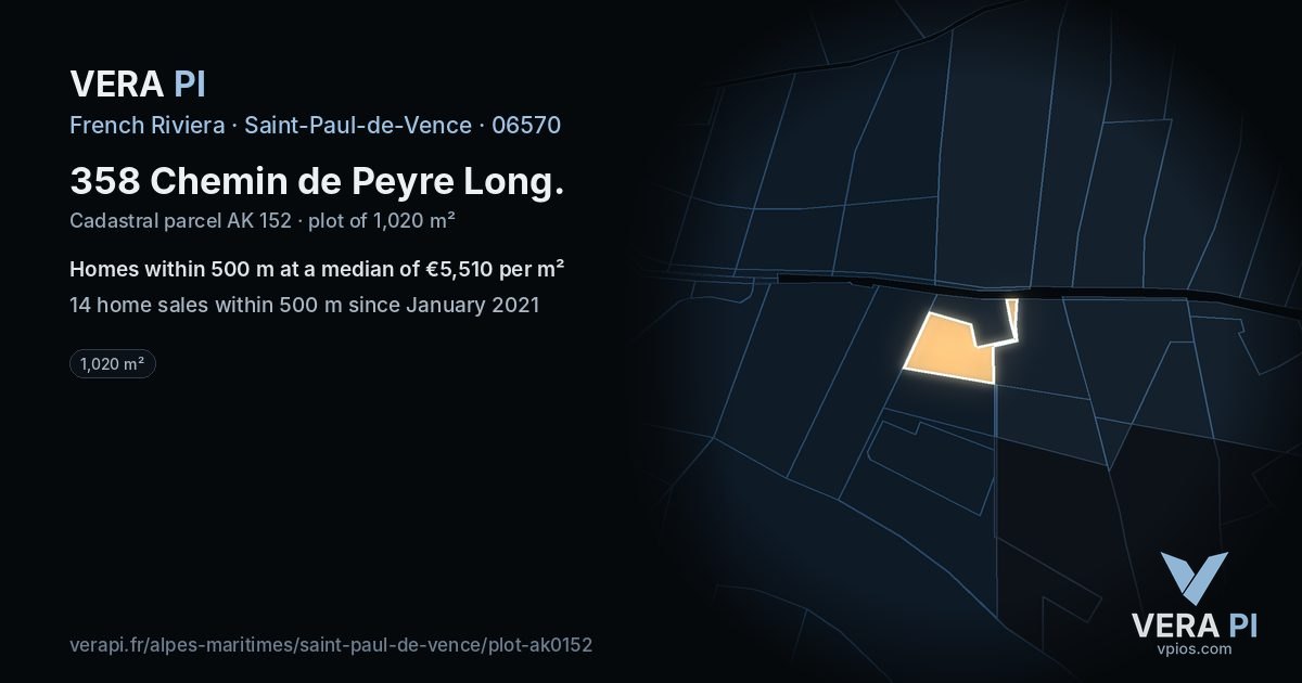 358 Chemin de Peyre Long, Saint-Paul-de-Vence at night – the plot lit, the parcels around coloured by the prices near them