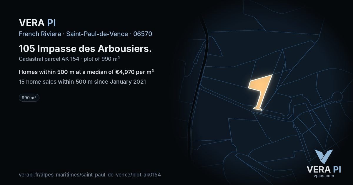 105 Impasse des Arbousiers, Saint-Paul-de-Vence at night – the plot lit, the parcels around coloured by the prices near them