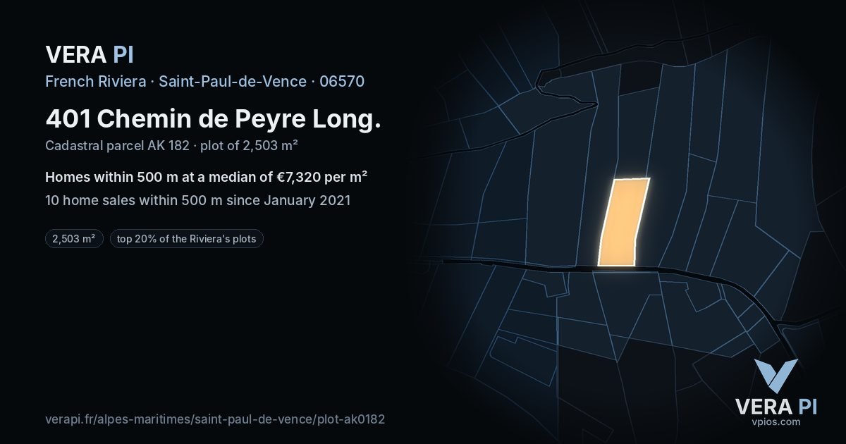 401 Chemin de Peyre Long, Saint-Paul-de-Vence at night – the plot lit, the parcels around coloured by the prices near them