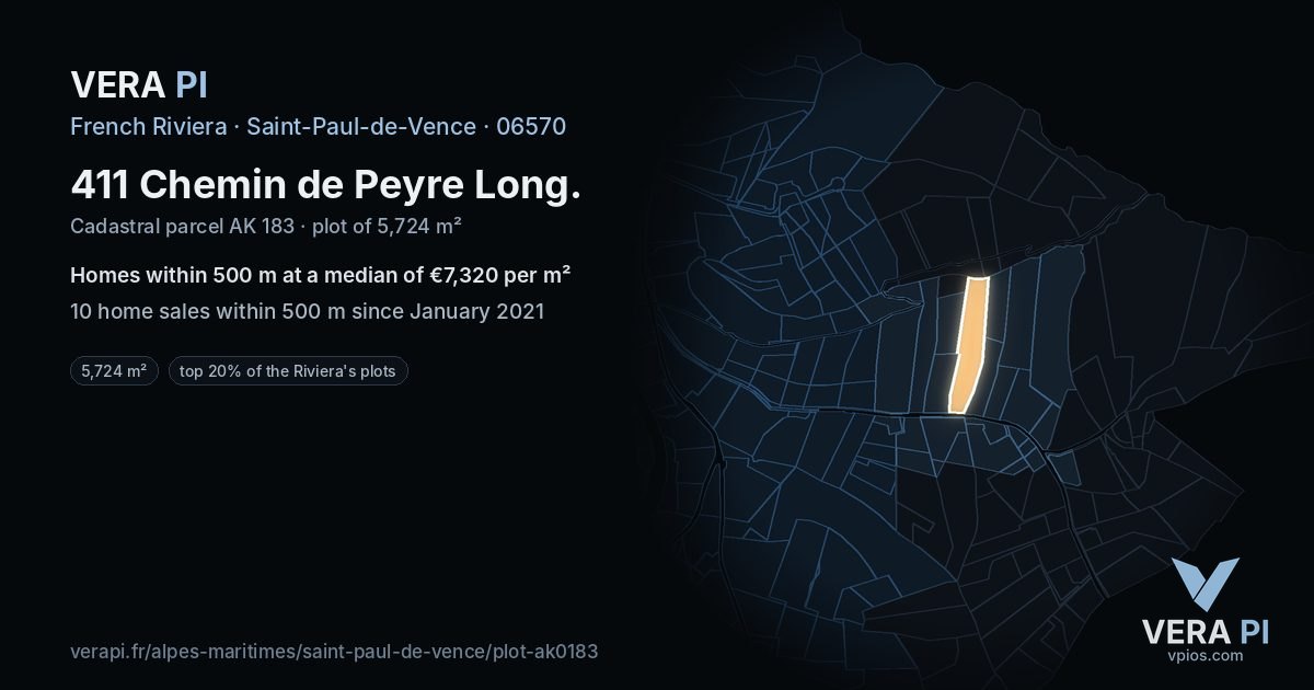 411 Chemin de Peyre Long, Saint-Paul-de-Vence at night – the plot lit, the parcels around coloured by the prices near them