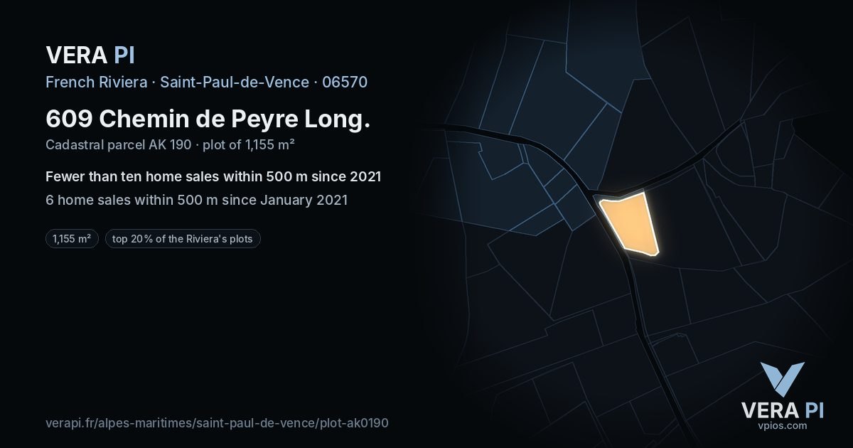 609 Chemin de Peyre Long, Saint-Paul-de-Vence at night – the plot lit, the parcels around coloured by the prices near them