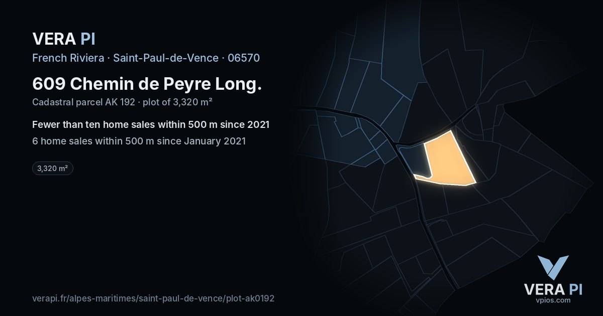 609 Chemin de Peyre Long, Saint-Paul-de-Vence at night – the plot lit, the parcels around coloured by the prices near them