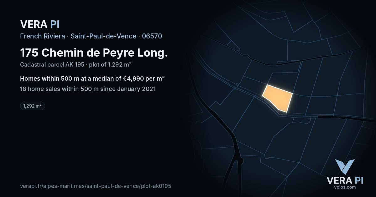 175 Chemin de Peyre Long, Saint-Paul-de-Vence at night – the plot lit, the parcels around coloured by the prices near them