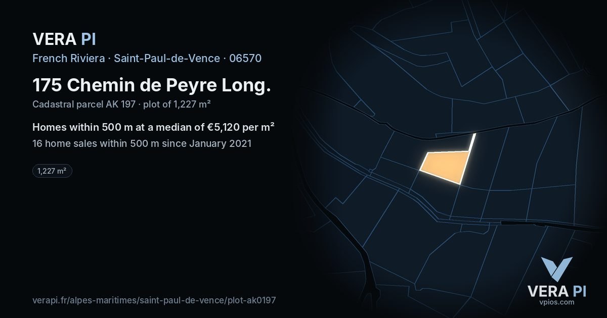 175 Chemin de Peyre Long, Saint-Paul-de-Vence at night – the plot lit, the parcels around coloured by the prices near them