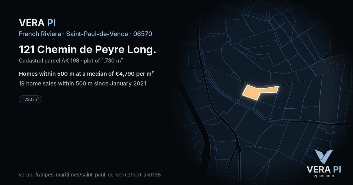 121 Chemin de Peyre Long, Saint-Paul-de-Vence at night – the plot lit, the parcels around coloured by the prices near them
