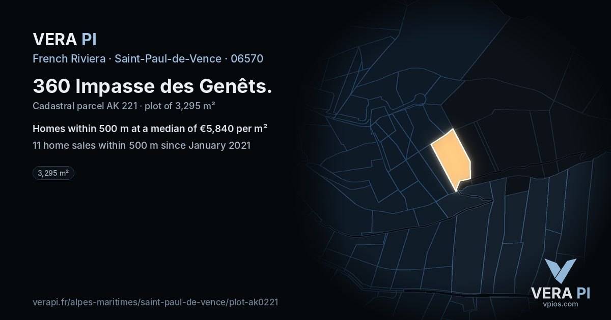 360 Impasse des Genêts, Saint-Paul-de-Vence at night – the plot lit, the parcels around coloured by the prices near them
