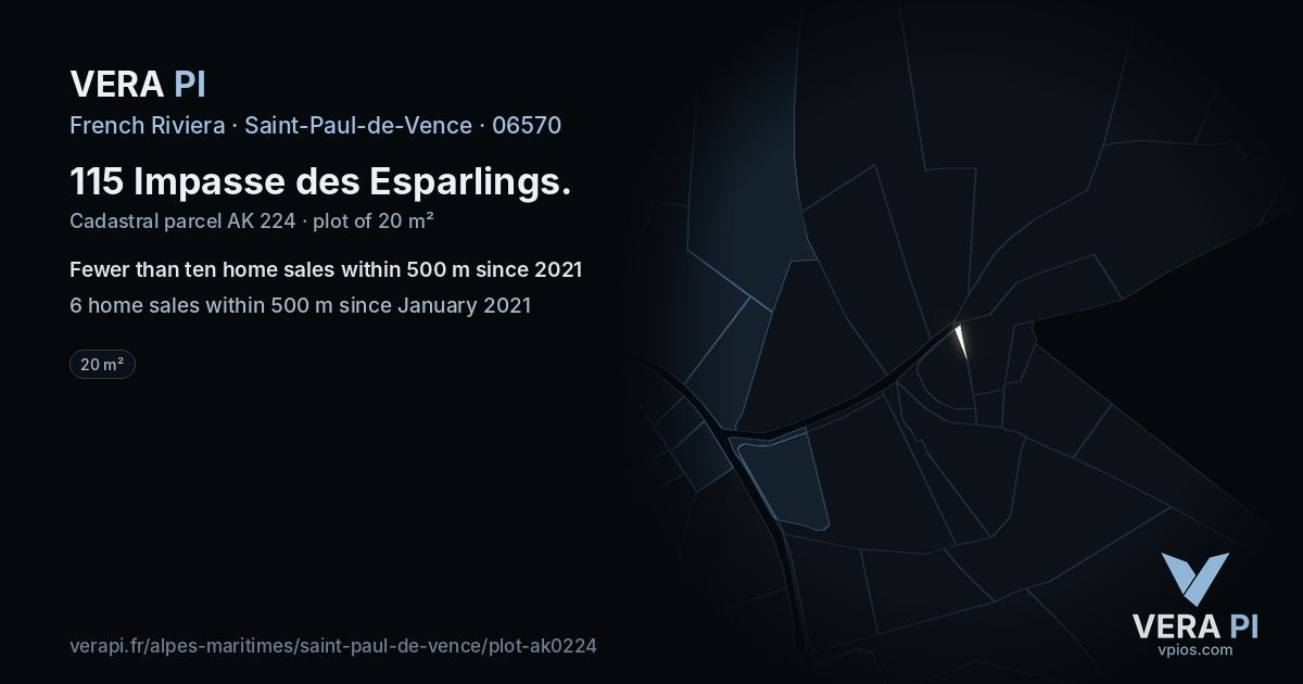 115 Impasse des Esparlings, Saint-Paul-de-Vence at night – the plot lit, the parcels around coloured by the prices near them