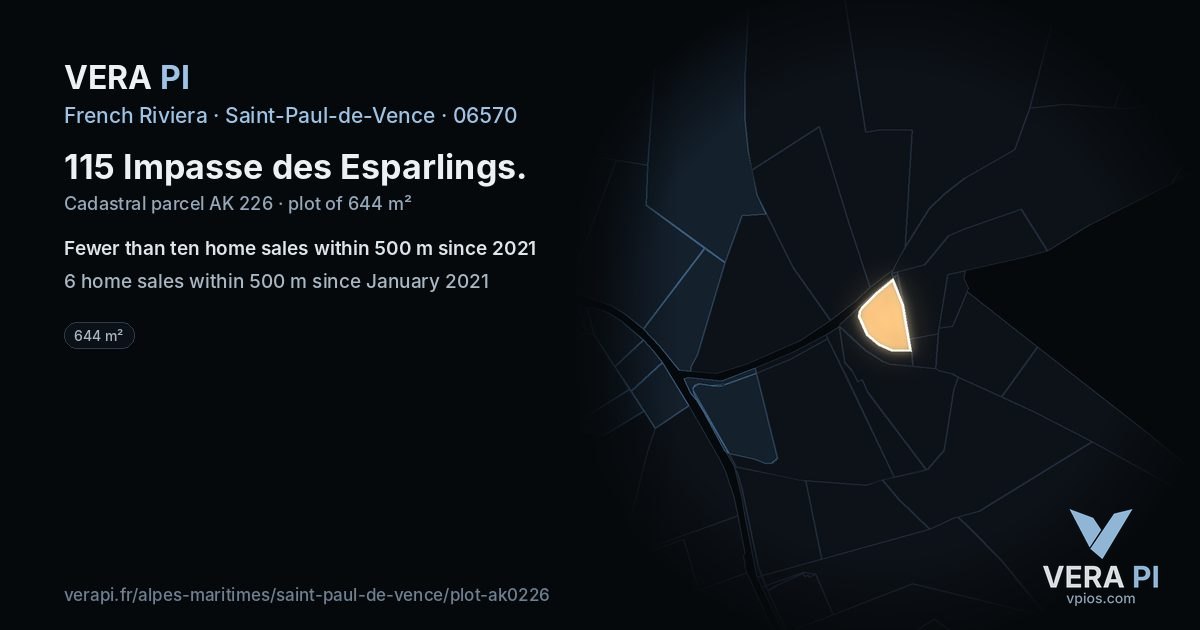 115 Impasse des Esparlings, Saint-Paul-de-Vence at night – the plot lit, the parcels around coloured by the prices near them