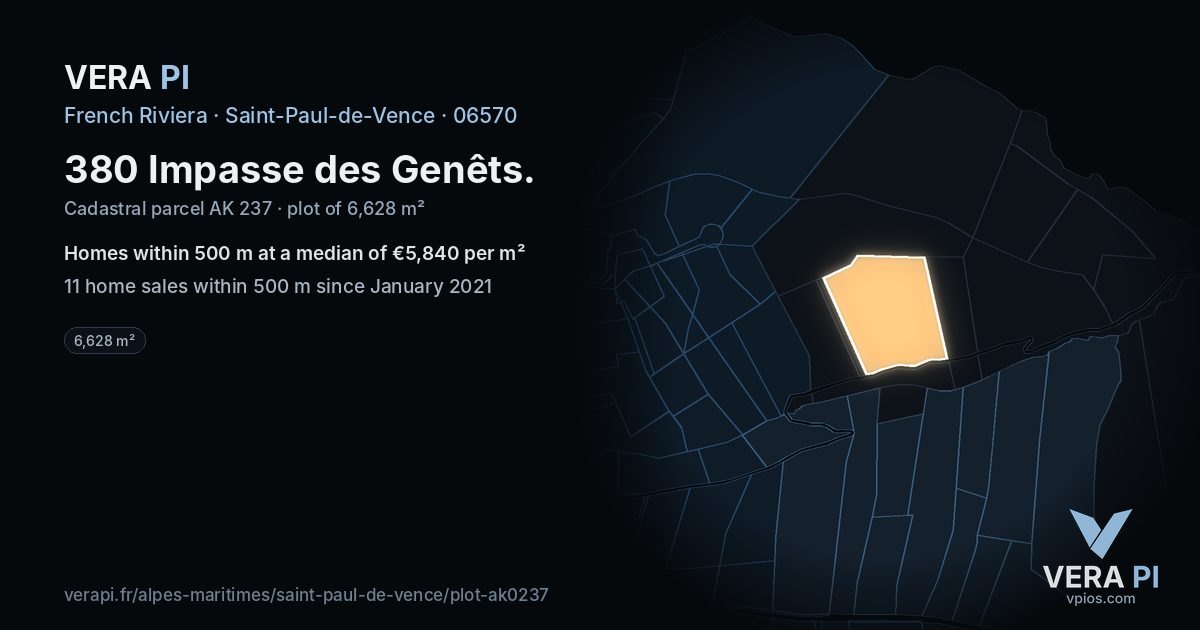 380 Impasse des Genêts, Saint-Paul-de-Vence at night – the plot lit, the parcels around coloured by the prices near them