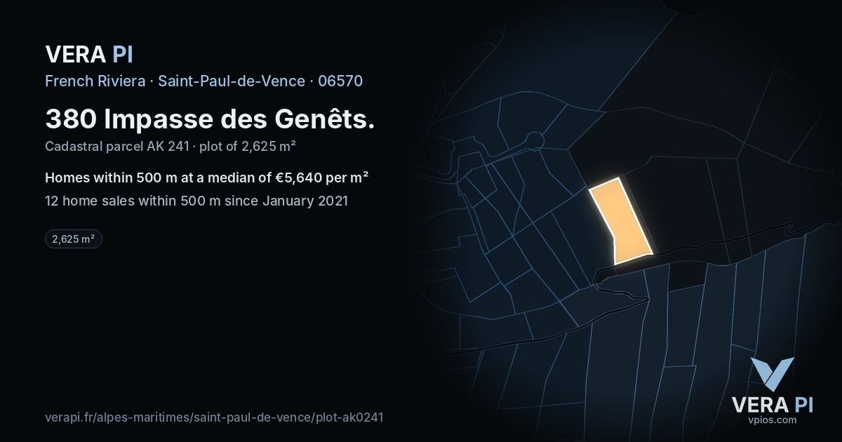 380 Impasse des Genêts, Saint-Paul-de-Vence at night – the plot lit, the parcels around coloured by the prices near them