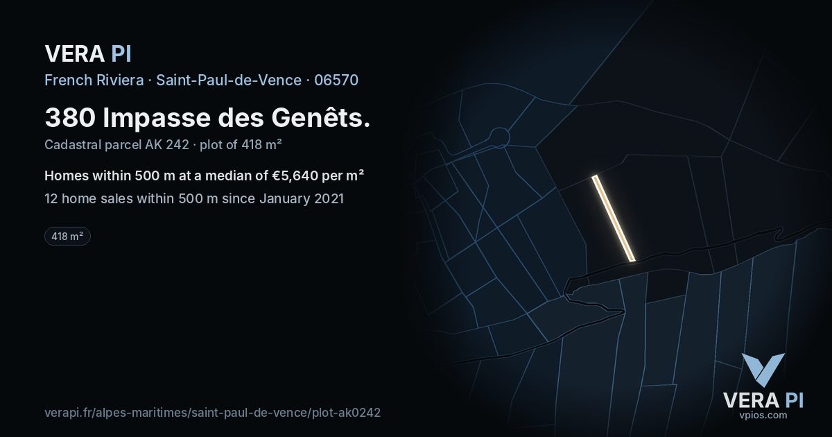 380 Impasse des Genêts, Saint-Paul-de-Vence at night – the plot lit, the parcels around coloured by the prices near them