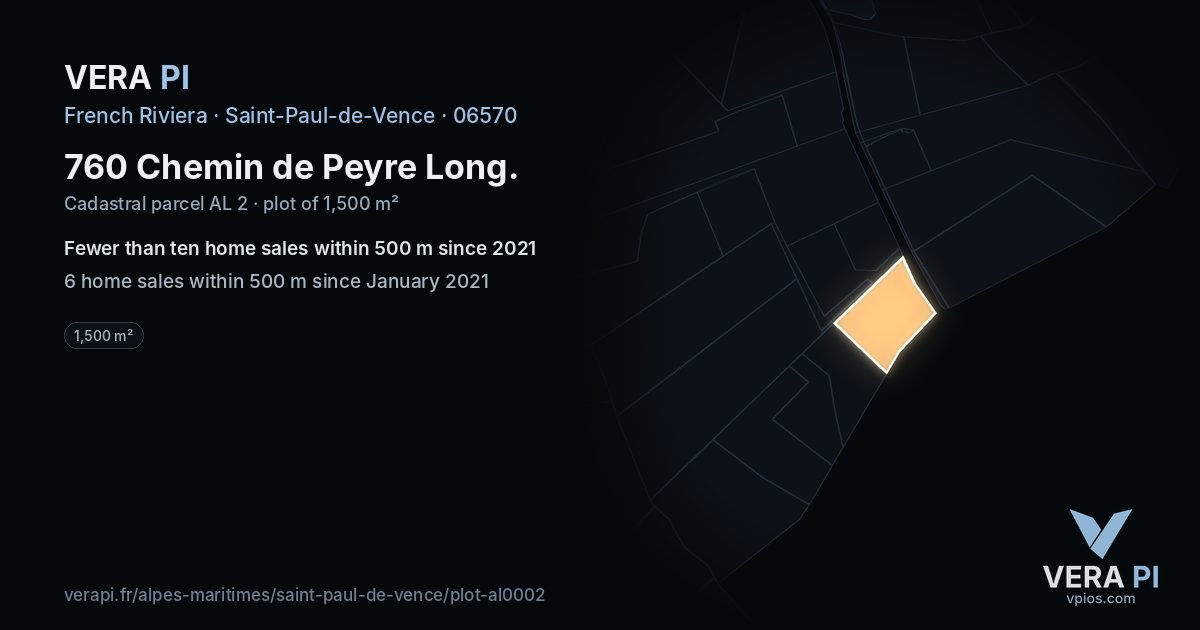 760 Chemin de Peyre Long, Saint-Paul-de-Vence at night – the plot lit, the parcels around coloured by the prices near them