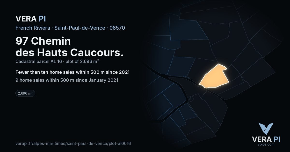97 Chemin des Hauts Caucours, Saint-Paul-de-Vence at night – the plot lit, the parcels around coloured by the prices near them