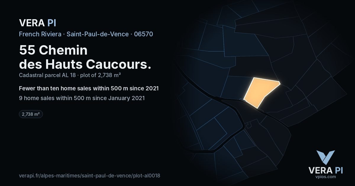 55 Chemin des Hauts Caucours, Saint-Paul-de-Vence at night – the plot lit, the parcels around coloured by the prices near them