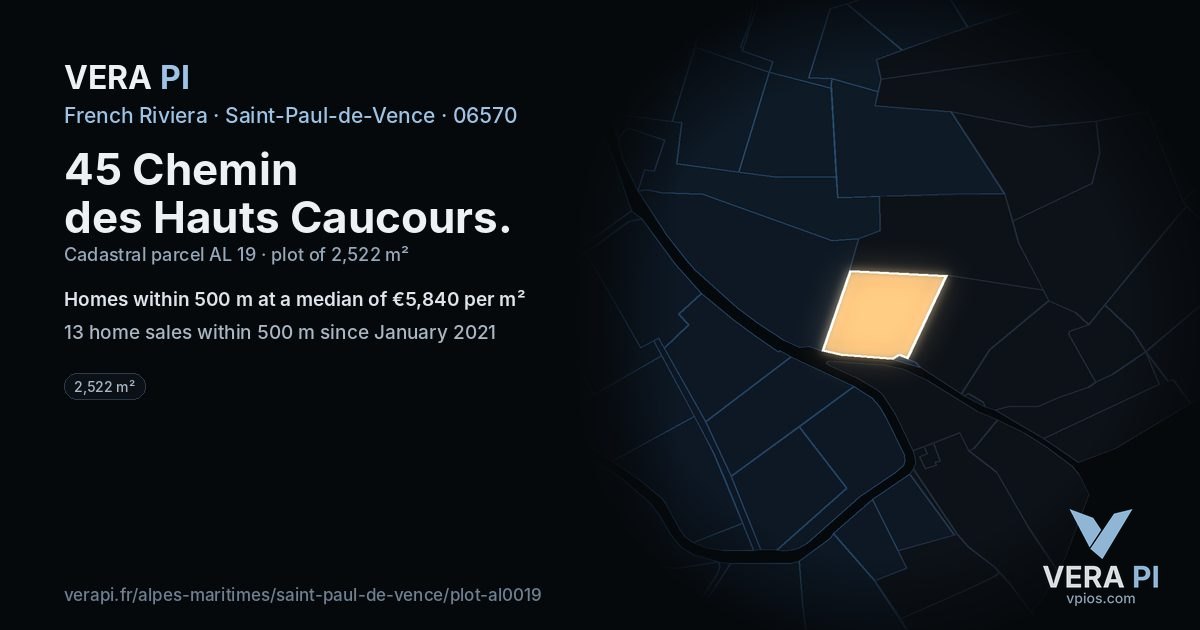 45 Chemin des Hauts Caucours, Saint-Paul-de-Vence at night – the plot lit, the parcels around coloured by the prices near them
