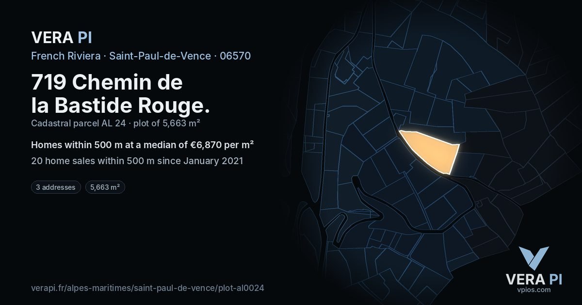 719 Chemin de la Bastide Rouge, Saint-Paul-de-Vence at night – the plot lit, the parcels around coloured by the prices near them