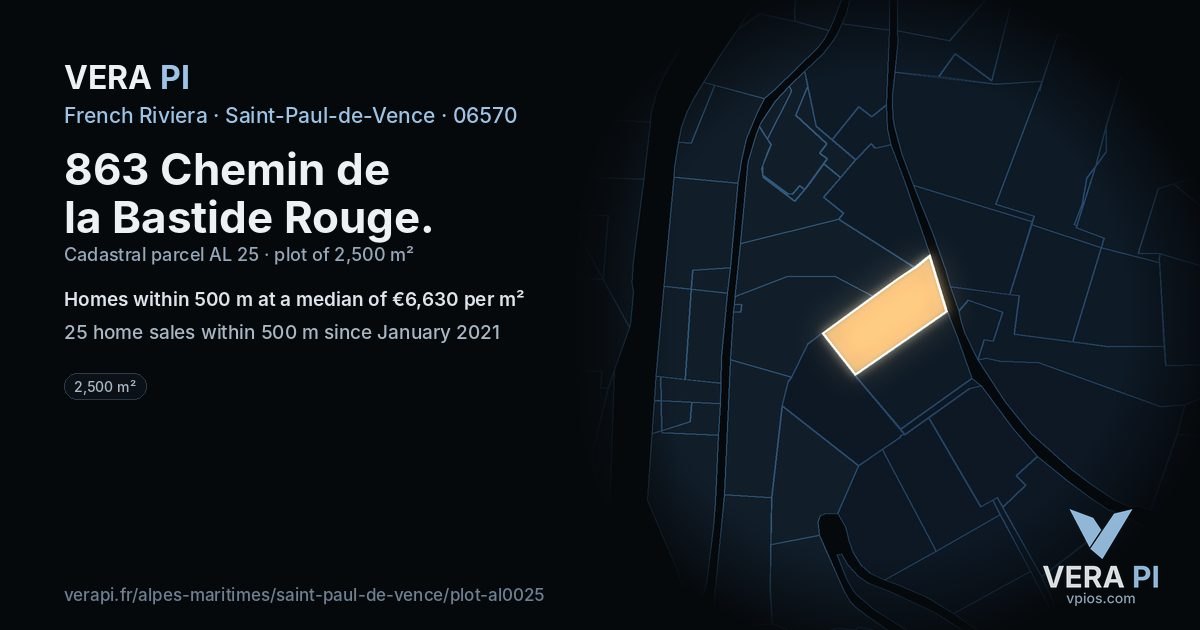 863 Chemin de la Bastide Rouge, Saint-Paul-de-Vence at night – the plot lit, the parcels around coloured by the prices near them