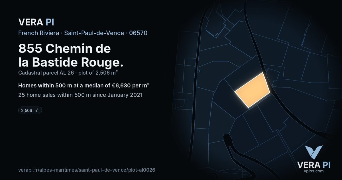 855 Chemin de la Bastide Rouge, Saint-Paul-de-Vence at night – the plot lit, the parcels around coloured by the prices near them