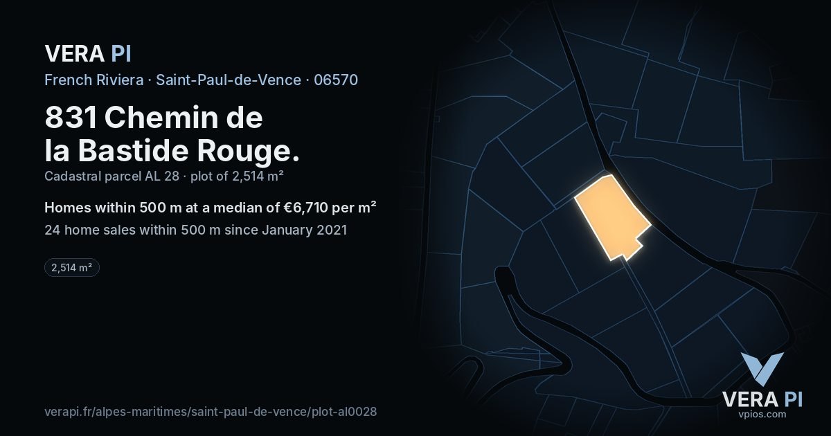 831 Chemin de la Bastide Rouge, Saint-Paul-de-Vence at night – the plot lit, the parcels around coloured by the prices near them