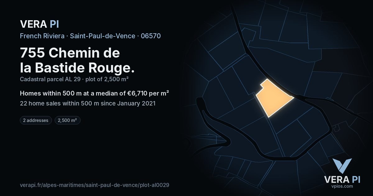 755 Chemin de la Bastide Rouge, Saint-Paul-de-Vence at night – the plot lit, the parcels around coloured by the prices near them