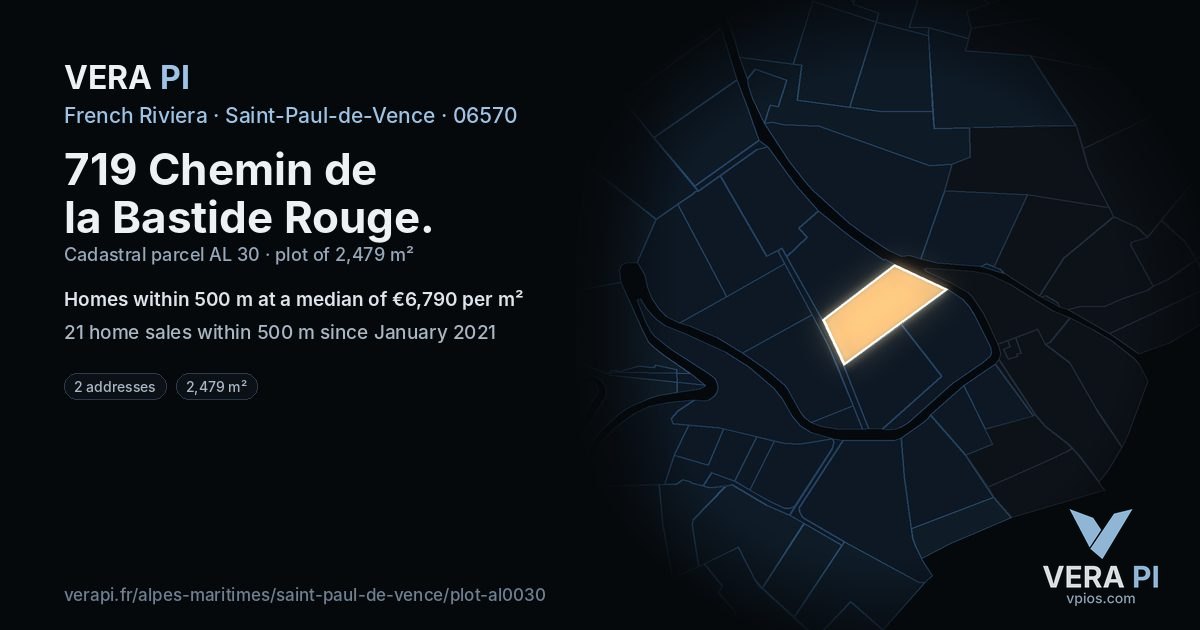 719 Chemin de la Bastide Rouge, Saint-Paul-de-Vence at night – the plot lit, the parcels around coloured by the prices near them