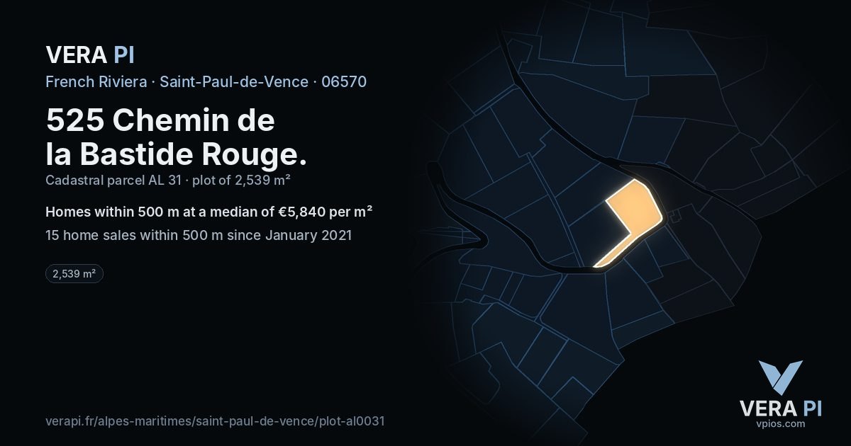 525 Chemin de la Bastide Rouge, Saint-Paul-de-Vence at night – the plot lit, the parcels around coloured by the prices near them