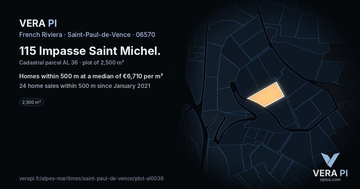 115 Impasse Saint Michel, Saint-Paul-de-Vence at night – the plot lit, the parcels around coloured by the prices near them