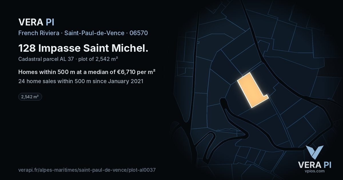 128 Impasse Saint Michel, Saint-Paul-de-Vence at night – the plot lit, the parcels around coloured by the prices near them