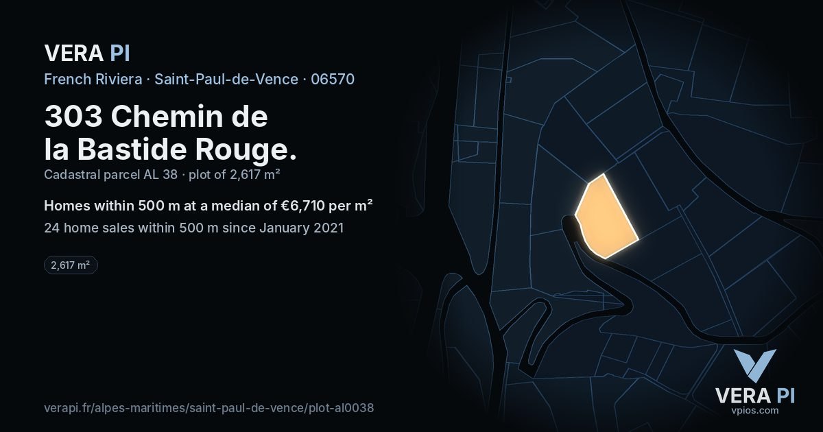 303 Chemin de la Bastide Rouge, Saint-Paul-de-Vence at night – the plot lit, the parcels around coloured by the prices near them