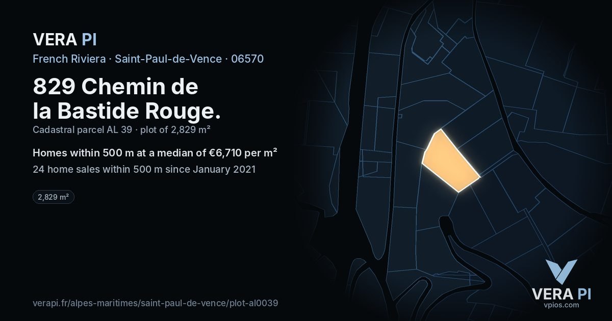829 Chemin de la Bastide Rouge, Saint-Paul-de-Vence at night – the plot lit, the parcels around coloured by the prices near them