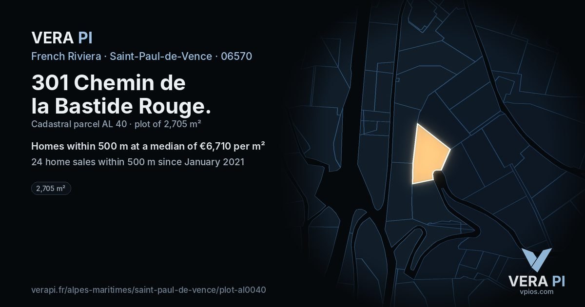 301 Chemin de la Bastide Rouge, Saint-Paul-de-Vence at night – the plot lit, the parcels around coloured by the prices near them