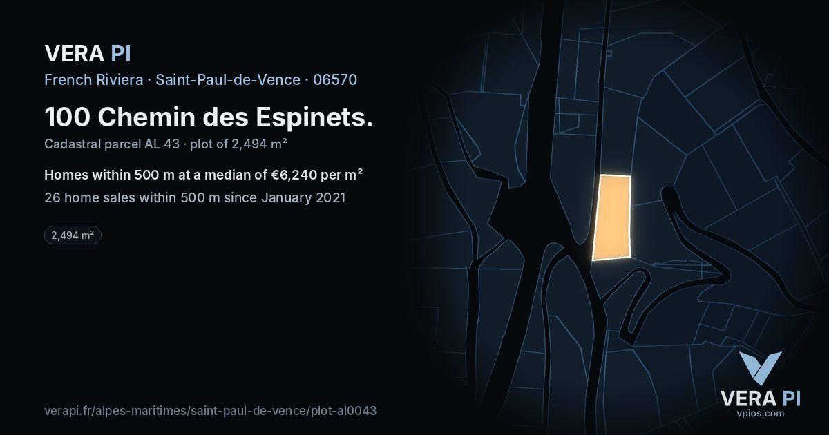 100 Chemin des Espinets, Saint-Paul-de-Vence at night – the plot lit, the parcels around coloured by the prices near them