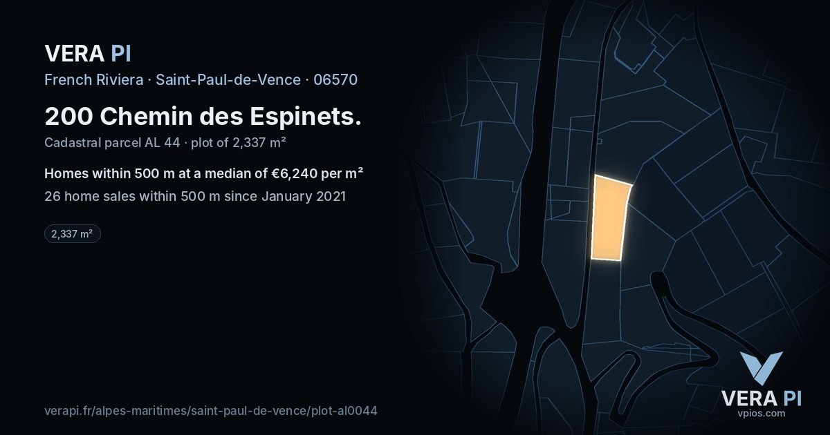 200 Chemin des Espinets, Saint-Paul-de-Vence at night – the plot lit, the parcels around coloured by the prices near them