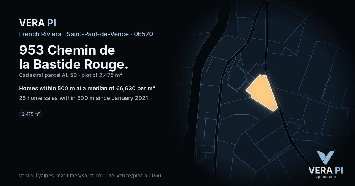 953 Chemin de la Bastide Rouge, Saint-Paul-de-Vence at night – the plot lit, the parcels around coloured by the prices near them