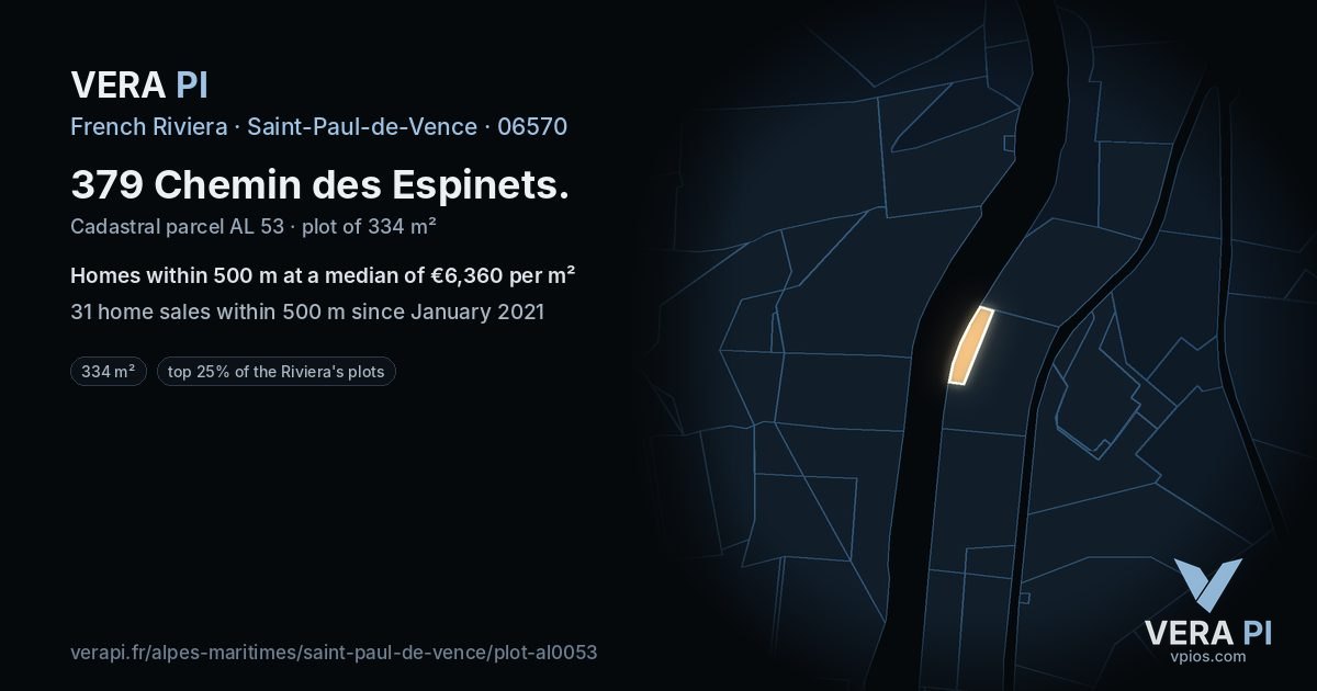 379 Chemin des Espinets, Saint-Paul-de-Vence at night – the plot lit, the parcels around coloured by the prices near them