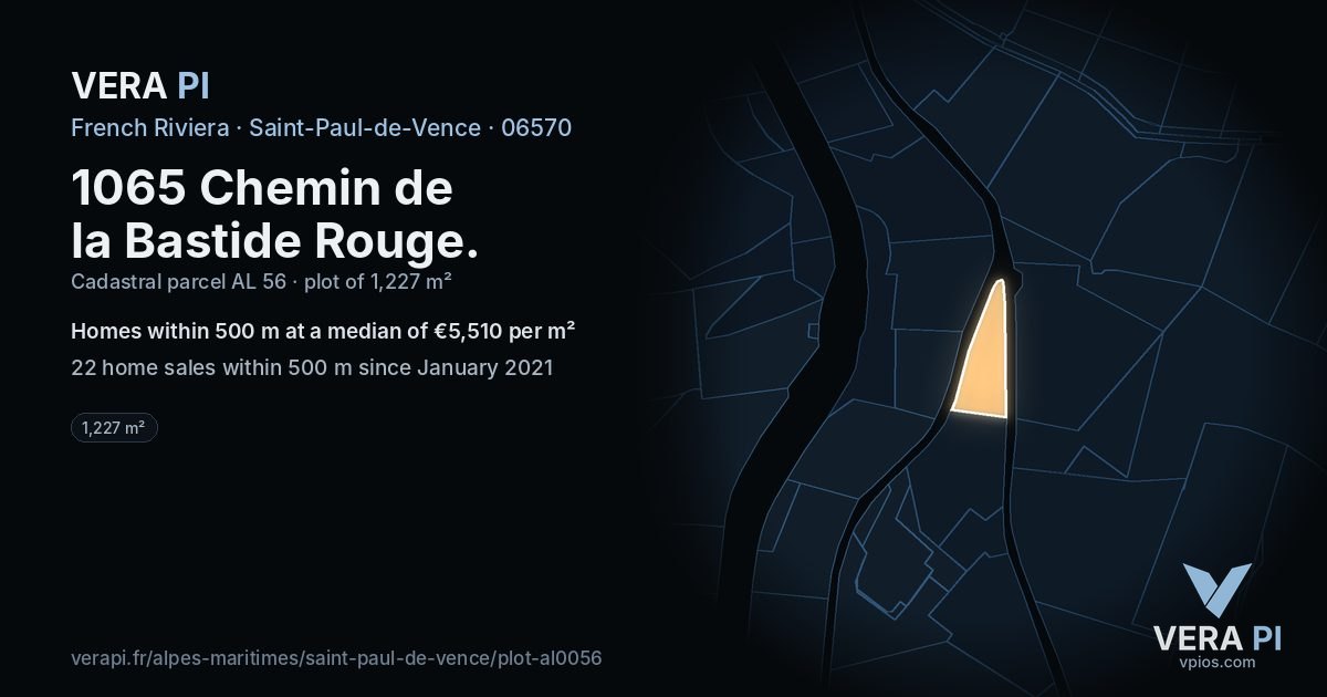 1065 Chemin de la Bastide Rouge, Saint-Paul-de-Vence at night – the plot lit, the parcels around coloured by the prices near them
