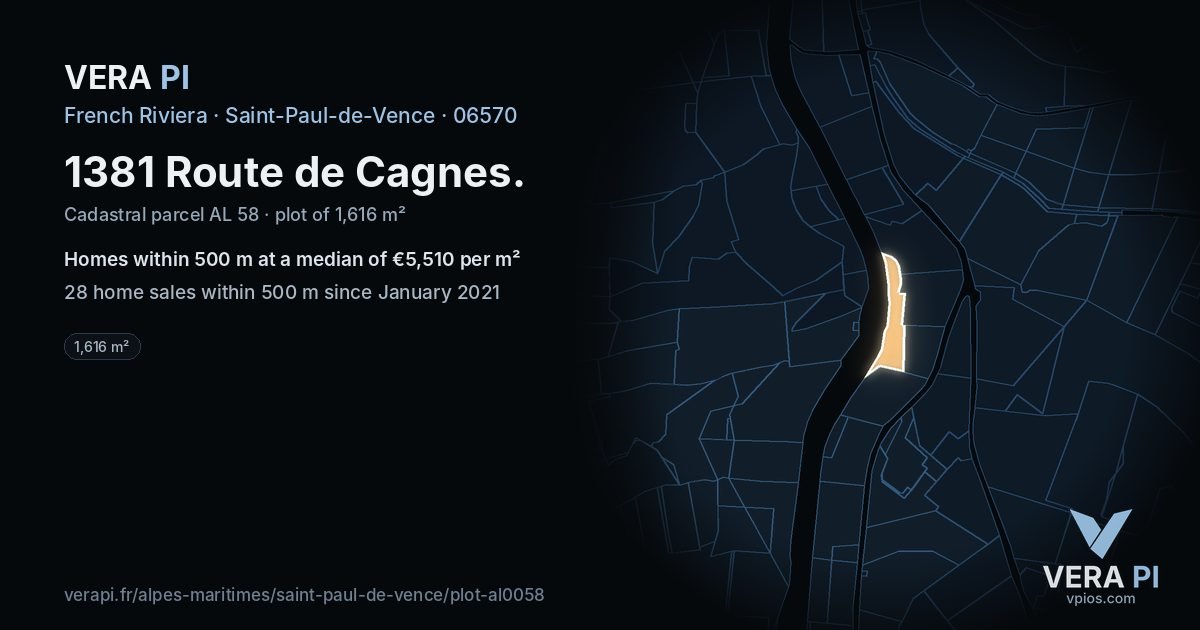1381 Route de Cagnes, Saint-Paul-de-Vence at night – the plot lit, the parcels around coloured by the prices near them