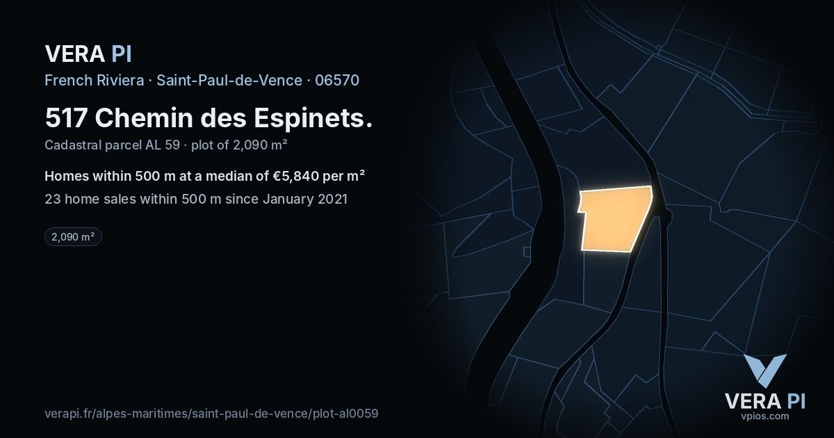 517 Chemin des Espinets, Saint-Paul-de-Vence at night – the plot lit, the parcels around coloured by the prices near them