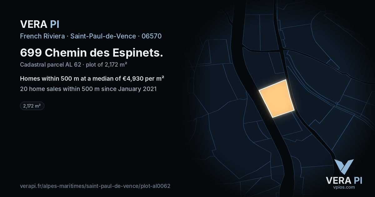 699 Chemin des Espinets, Saint-Paul-de-Vence at night – the plot lit, the parcels around coloured by the prices near them