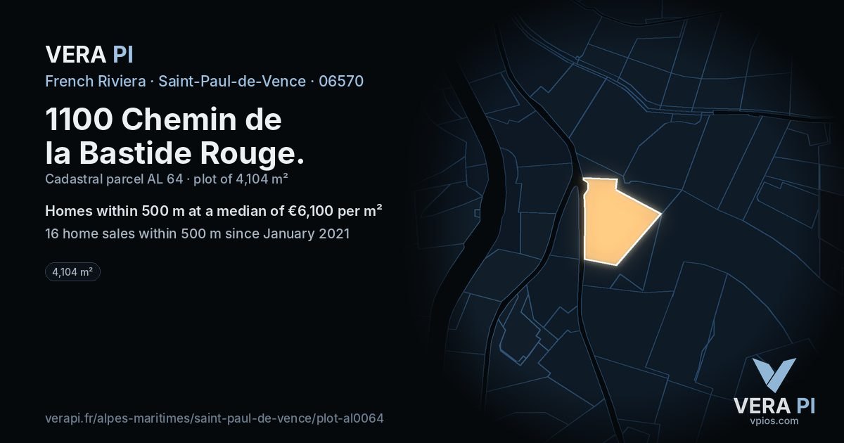 1100 Chemin de la Bastide Rouge, Saint-Paul-de-Vence at night – the plot lit, the parcels around coloured by the prices near them
