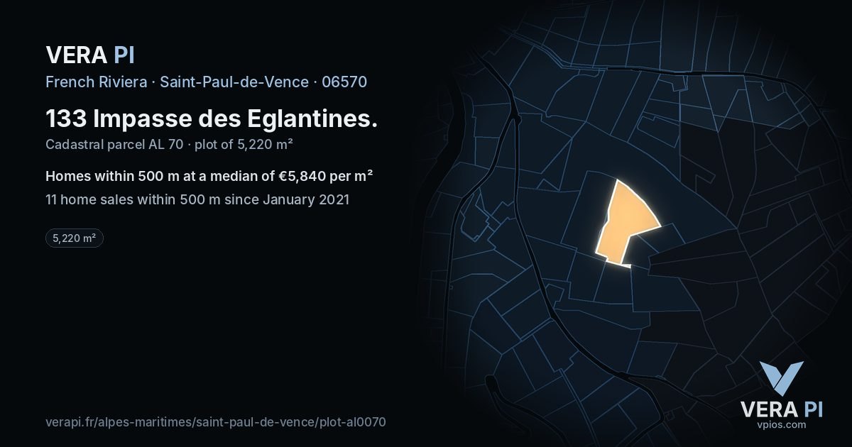 133 Impasse des Eglantines, Saint-Paul-de-Vence at night – the plot lit, the parcels around coloured by the prices near them