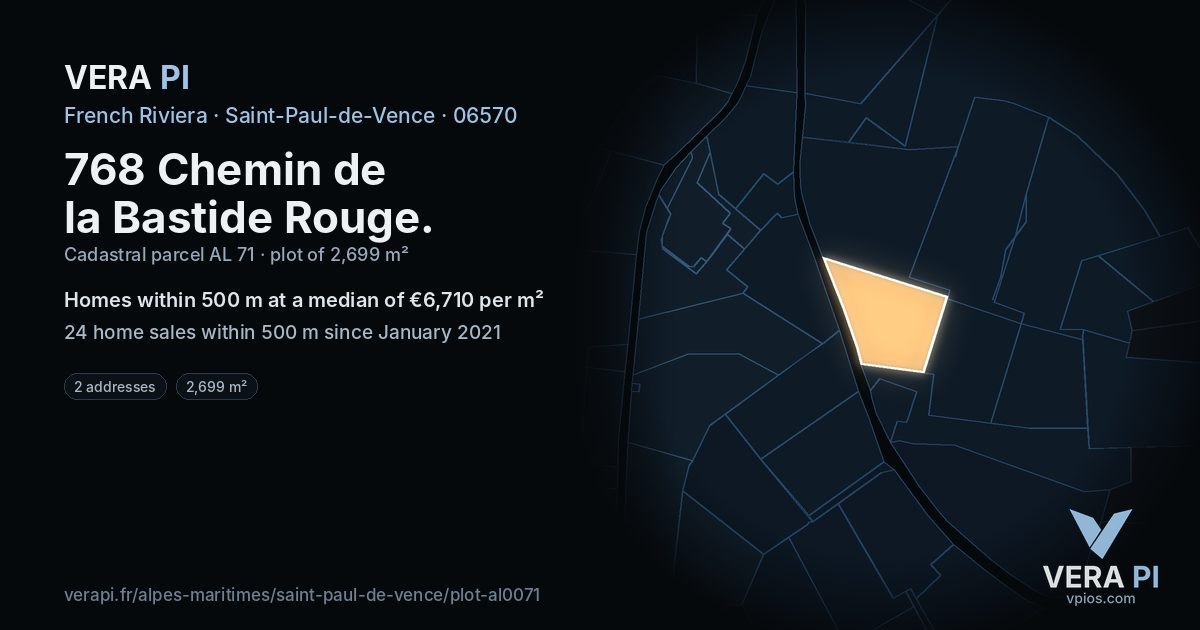 768 Chemin de la Bastide Rouge, Saint-Paul-de-Vence at night – the plot lit, the parcels around coloured by the prices near them