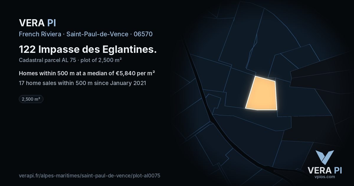 122 Impasse des Eglantines, Saint-Paul-de-Vence at night – the plot lit, the parcels around coloured by the prices near them