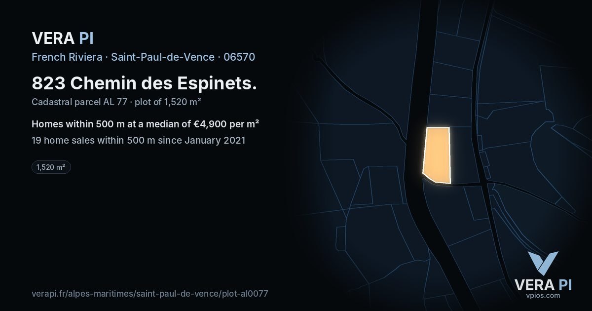 823 Chemin des Espinets, Saint-Paul-de-Vence at night – the plot lit, the parcels around coloured by the prices near them