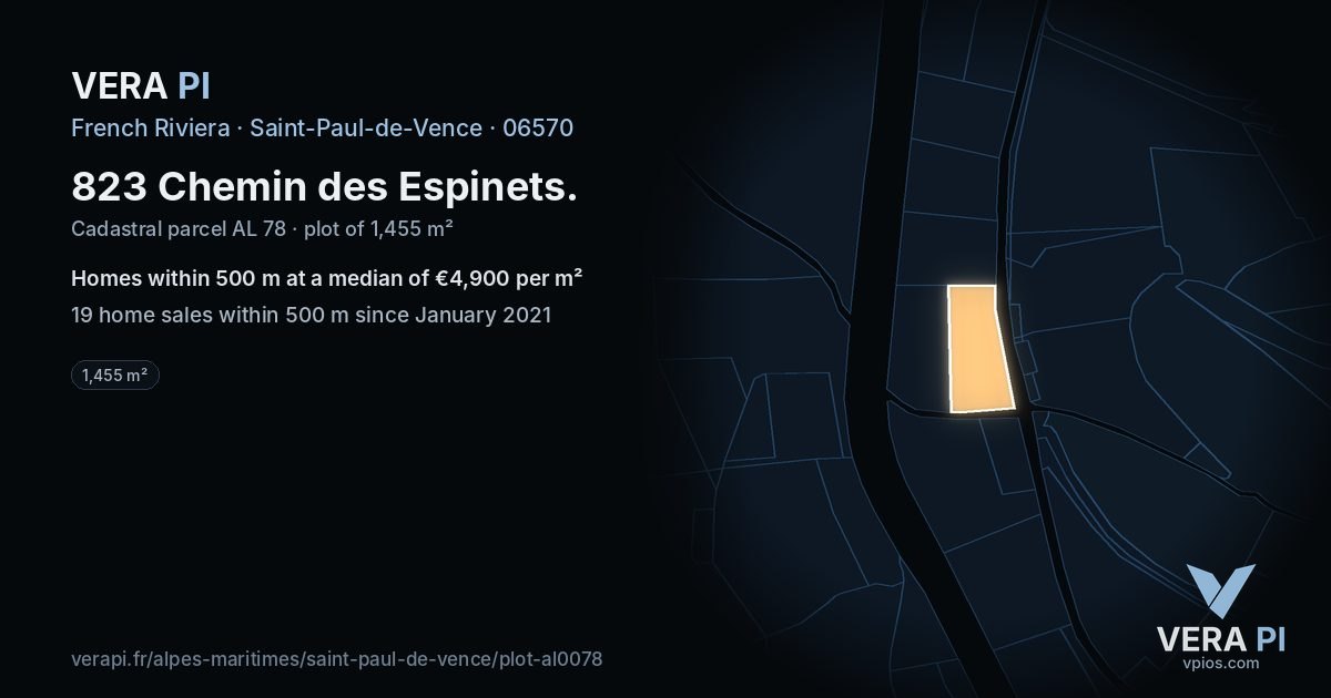 823 Chemin des Espinets, Saint-Paul-de-Vence at night – the plot lit, the parcels around coloured by the prices near them