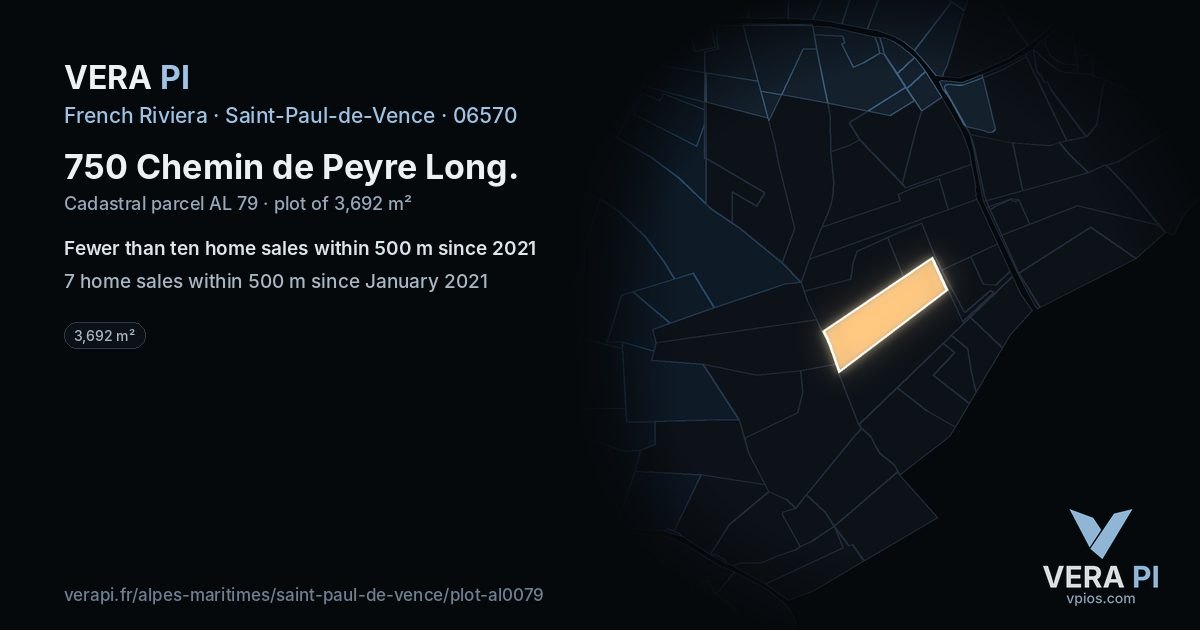 750 Chemin de Peyre Long, Saint-Paul-de-Vence at night – the plot lit, the parcels around coloured by the prices near them