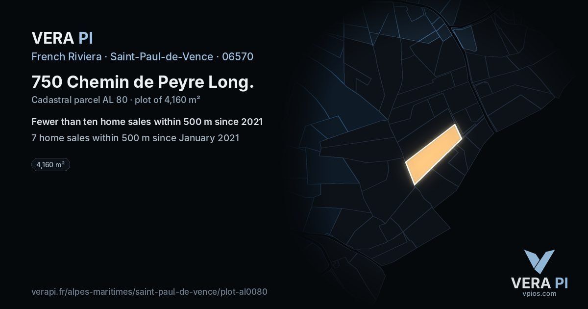 750 Chemin de Peyre Long, Saint-Paul-de-Vence at night – the plot lit, the parcels around coloured by the prices near them