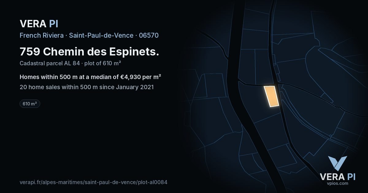 759 Chemin des Espinets, Saint-Paul-de-Vence at night – the plot lit, the parcels around coloured by the prices near them