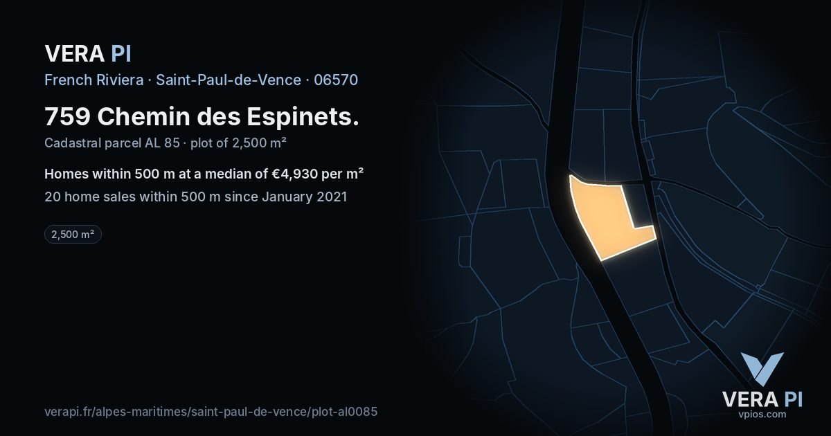 759 Chemin des Espinets, Saint-Paul-de-Vence at night – the plot lit, the parcels around coloured by the prices near them