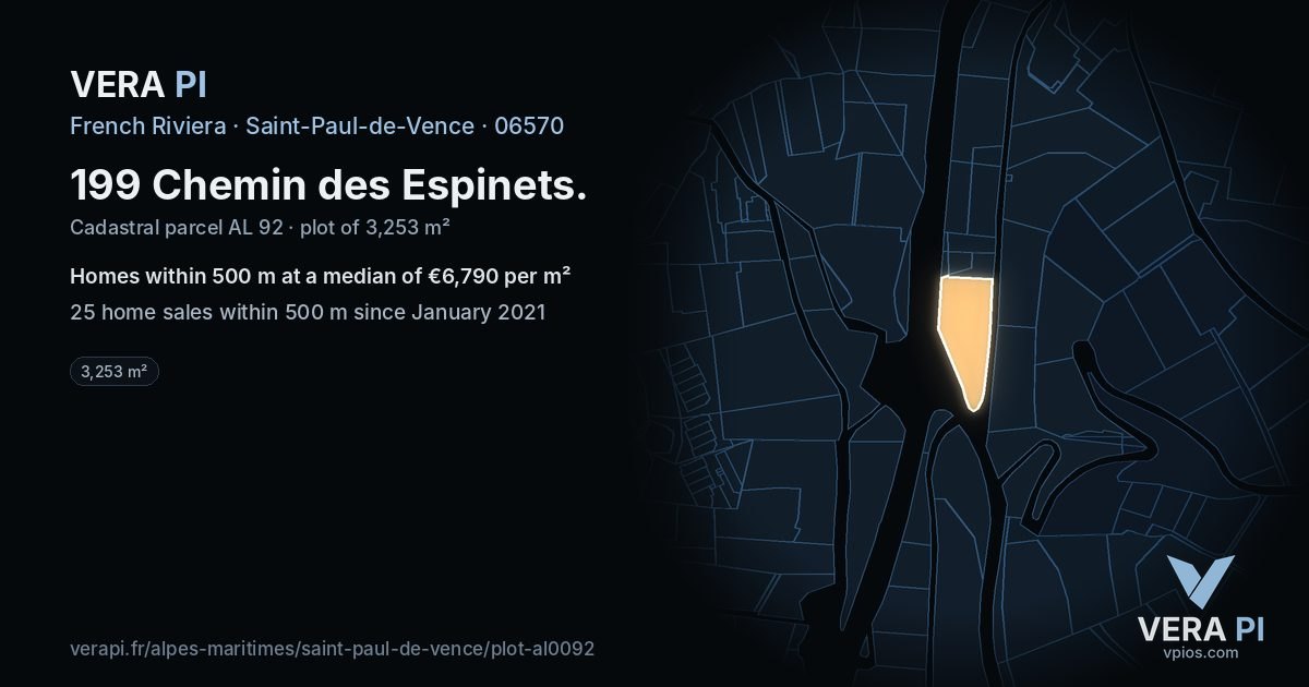 199 Chemin des Espinets, Saint-Paul-de-Vence at night – the plot lit, the parcels around coloured by the prices near them